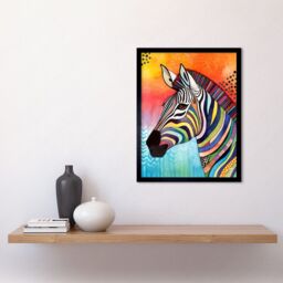 "Artery8 Wall Art Print Zebra Folk Art Bright Multicoloured Art Framed in Black - Size: W12"" x H16""" - thumbnail 2