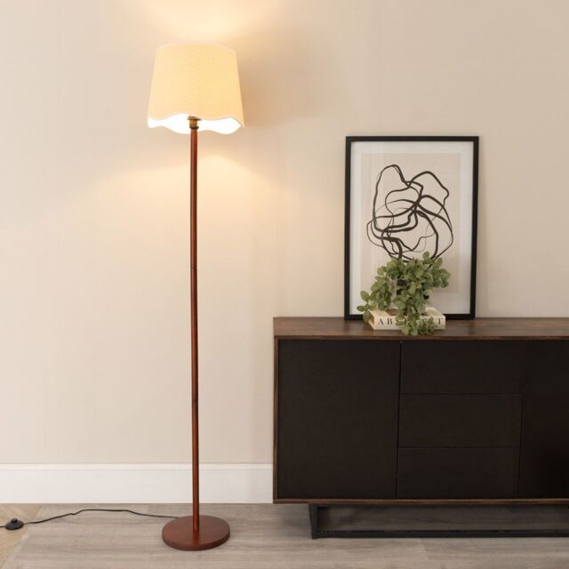 ValueLights Heather Dark Wood Stem Floor Lamp with Scallop Edge Tapered Shade & LED Bulb in White - image 1