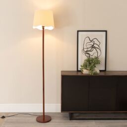 ValueLights Heather Dark Wood Stem Floor Lamp with Scallop Edge Tapered Shade & LED Bulb in White - thumbnail 1