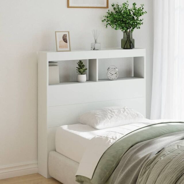 Berkfield Home Headboard Cabinet with LED White 100x17x102 cm - Size: 100 x 17 x 102 cm
