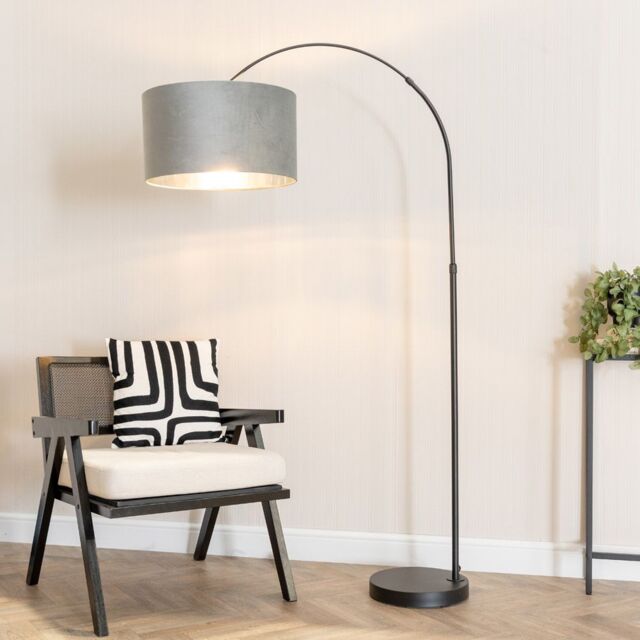 ValueLights Louis Black Arched Floor Lamp with Grey Velvet & Metallic Chrome Inner Shade - image 1