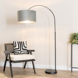 ValueLights Louis Black Arched Floor Lamp with Grey Velvet & Metallic Chrome Inner Shade