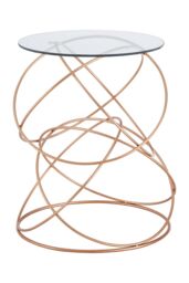 Orsina Rose Gold Circles Table, Contemporary Accent Table With Geometric Iron Base, Round Tempered Glass Side Table - thumbnail 2