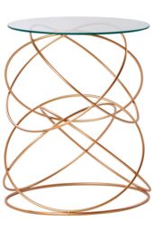 Orsina Rose Gold Circles Table, Contemporary Accent Table With Geometric Iron Base, Round Tempered Glass Side Table