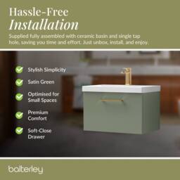 Balterley 600mm Wall Hung 1 Drawer Vanity Basin Unit, Satin Green, Bronze Handle in Green - thumbnail 4
