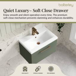 Balterley 600mm Wall Hung 1 Drawer Vanity Basin Unit, Satin Green, Bronze Handle in Green - thumbnail 3