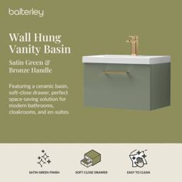 Balterley 600mm Wall Hung 1 Drawer Vanity Basin Unit, Satin Green, Bronze Handle in Green - thumbnail 2