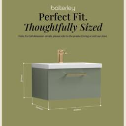 Balterley 600mm Wall Hung 1 Drawer Vanity Basin Unit, Satin Green, Bronze Handle in Green - thumbnail 5