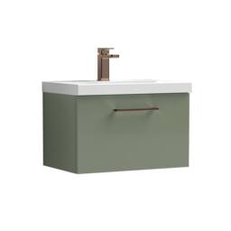 Balterley 600mm Wall Hung 1 Drawer Vanity Basin Unit, Satin Green, Bronze Handle in Green