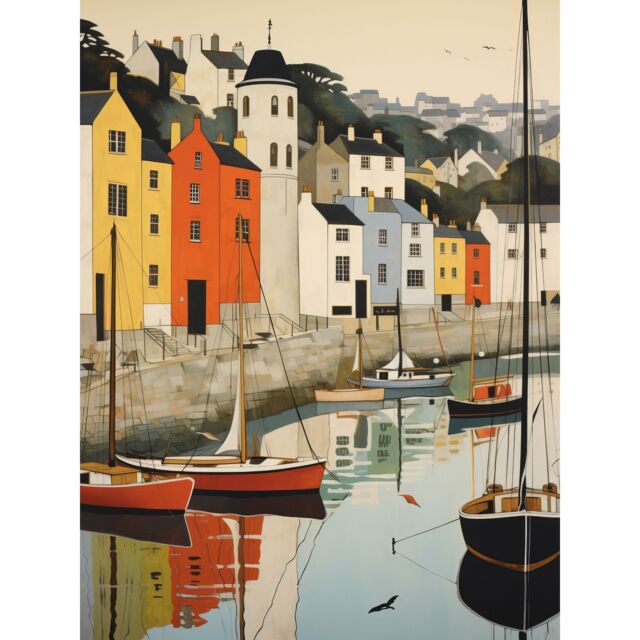 "Artery8 Wall Art Print Dartmouth Harbour Boats Watercolour Painting Devon Scenic River Dart Townscape Poster in Beige - Size: W12"" x H16""" - image 1