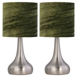 First Choice Lighting Set of 2 Romana - Brushed Chrome Touch Table Lamps Green Velvet Shades in Silver