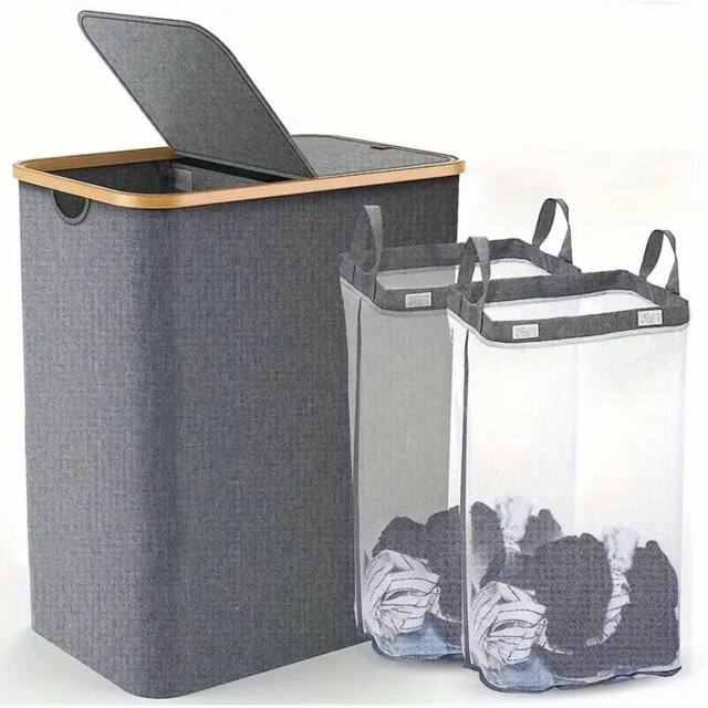 Dprodo 150L Large Double Laundry Hamper with Lid Removable Bags in Grey - image 1