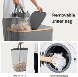 Dprodo 150L Large Double Laundry Hamper with Lid Removable Bags in Grey - thumbnail 7