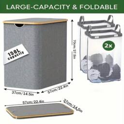 Dprodo 150L Large Double Laundry Hamper with Lid Removable Bags in Grey - thumbnail 3