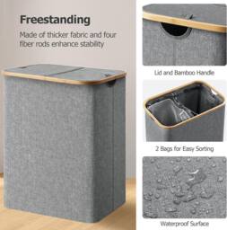 Dprodo 150L Large Double Laundry Hamper with Lid Removable Bags in Grey - thumbnail 2