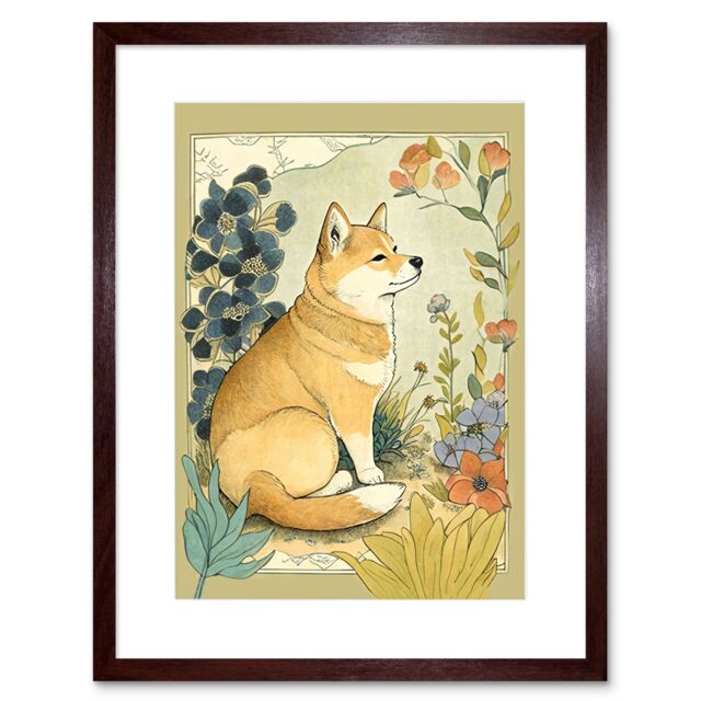 "Artery8 Wall Art Print Shiba Inu Dog in Flower Field Modern Pastel Watercolour Artwork Framed 9X7 Inch in Brown - Size: W7"" x H9""" - image 1