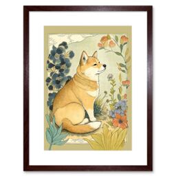 "Artery8 Wall Art Print Shiba Inu Dog in Flower Field Modern Pastel Watercolour Artwork Framed 9X7 Inch in Brown - Size: W7"" x H9""" - thumbnail 1