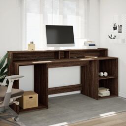 Berkfield Home Desk with LED Lights Brown Oak 200x55x91 cm Engineered Wood - Size: 200 x 55 x 91 cm - thumbnail 4