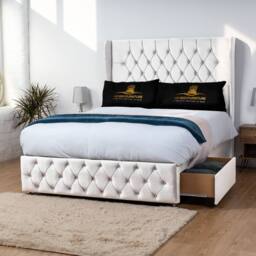 UK Bed Furniture Luxor Wingback Divan Bed with 54 Inch Headboard & 2 Foot End Drawers in White - Size: Double - thumbnail 1