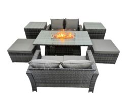 Fimous Outdoor Love Sofa Set 6 Seat & Gas Firpit Table 2 Stools 2 Side Table in Dark Grey - thumbnail 2