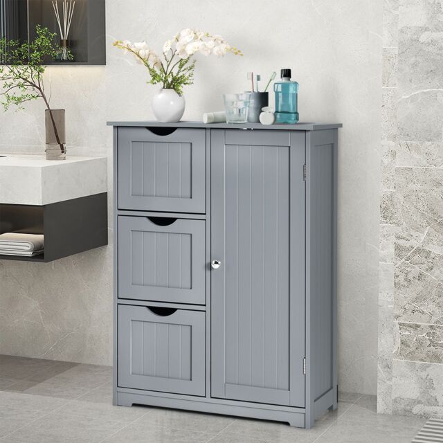 Costway Bathroom Floor Cabinet Storage Modern Cupboard Organizer with 3 Drawers in Grey - image 1