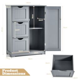 Costway Bathroom Floor Cabinet Storage Modern Cupboard Organizer with 3 Drawers in Grey - thumbnail 5