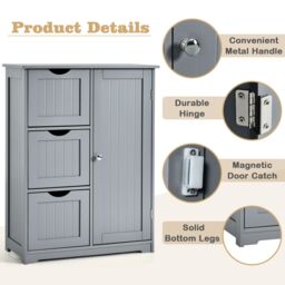 Costway Bathroom Floor Cabinet Storage Modern Cupboard Organizer with 3 Drawers in Grey - thumbnail 4