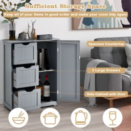Costway Bathroom Floor Cabinet Storage Modern Cupboard Organizer with 3 Drawers in Grey - thumbnail 6