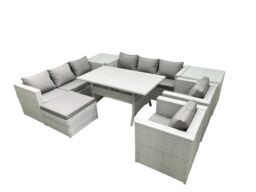 Fimous Rattan Garden Furniture Set Outdoor 8 Seater Patio Dinin g Sofa Sets with Dining Table 2 Chairs 2 Side Tables Big Footstool Light Grey Mixed - thumbnail 2