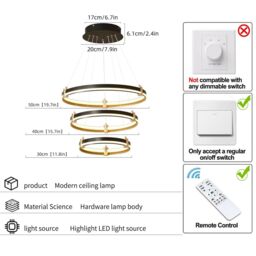 Garwarm Modern 3-Ring 90W Black Acrylic Dimmable Pendant Light - thumbnail 5
