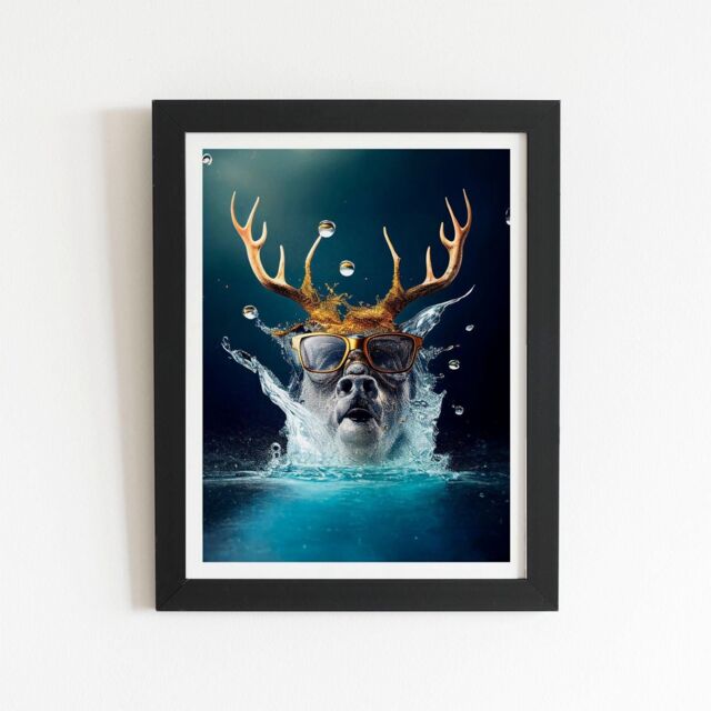 "Warren Reed - Designer Stag With Glasses Splashart Framed Art Print in Black - Size: W16"" x H24""" - image 1