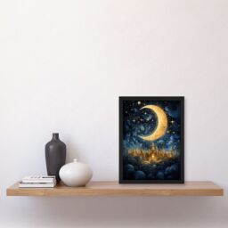 Artery8 Wall Art Print Golden City in the Clouds Surreal Artwork Blue Gold Crescent Moon Starry Night Fairytale Artwork Framed A4 in Black - thumbnail 2