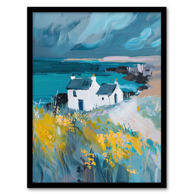 "Artery8 Coastal Scottish Cottage Wildflowers Oil Painting Framed Art Print in Blue - Size: W12"" x H16""" - image 1