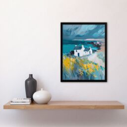 "Artery8 Coastal Scottish Cottage Wildflowers Oil Painting Framed Art Print in Blue - Size: W12"" x H16""" - thumbnail 4
