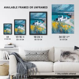 "Artery8 Coastal Scottish Cottage Wildflowers Oil Painting Framed Art Print in Blue - Size: W12"" x H16""" - thumbnail 3