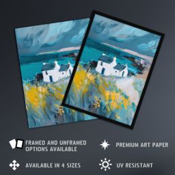 "Artery8 Coastal Scottish Cottage Wildflowers Oil Painting Framed Art Print in Blue - Size: W12"" x H16""" - thumbnail 2