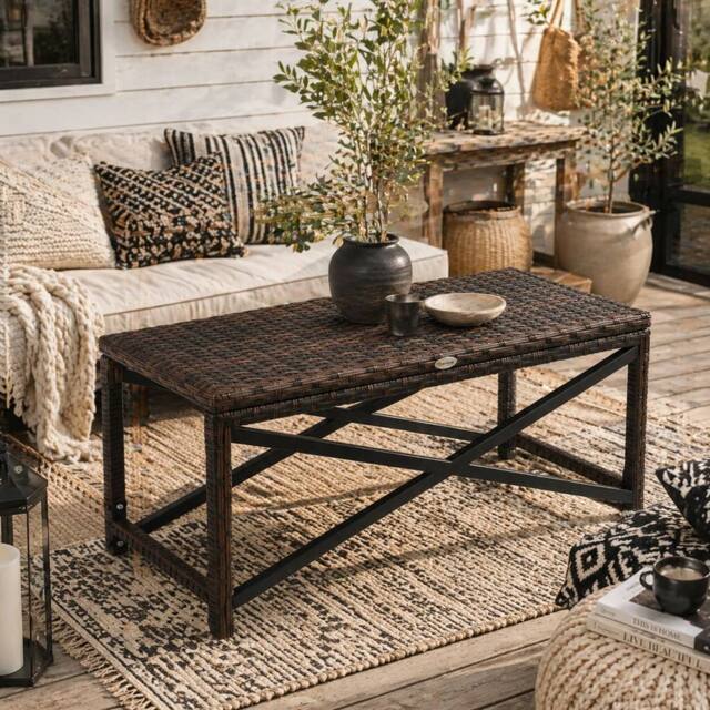 Wyld Haus Donori Outdoor Coffee Table Mixed Brown Woven Top Black X Frame - image 1