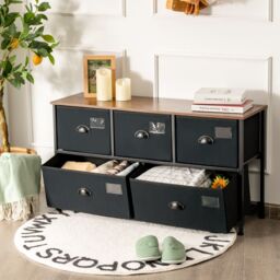 Costway 5-Drawer Storage Dresser Wide Storage Organizer Unit w/ Fabric Bins in Black - thumbnail 3