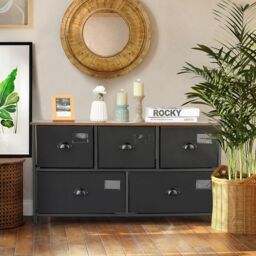 Costway 5-Drawer Storage Dresser Wide Storage Organizer Unit w/ Fabric Bins in Black - thumbnail 2