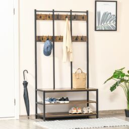 HOMCOM Industrial Coat Rack Shoe Bench Hall Tree Entryway Clothes Storage in Brown