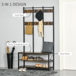 HOMCOM Industrial Coat Rack Shoe Bench Hall Tree Entryway Clothes Storage in Brown - thumbnail 4