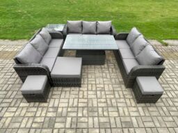 Fimous Garden Dining Sets Outdoor Rattan Furniture Sofa Height Adjustable Rising lifting Table Dark Grey Mixed - thumbnail 2