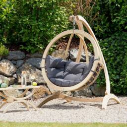 Amazonas Globo Single Hanging Egg Chair Set with Wooden Stand - Luxury Indoor & Outdoor Garden Swing Chair - 120kg in Charcoal - thumbnail 3