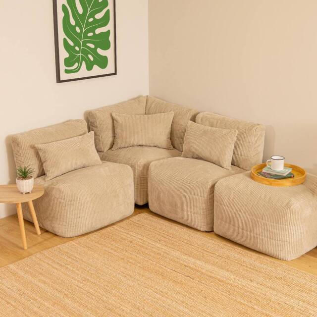 icon 4pcs Noa Bean Bag, 1x Corner, 2x Recliner, 1x Slab, Jumbo Cord in Cream - image 1
