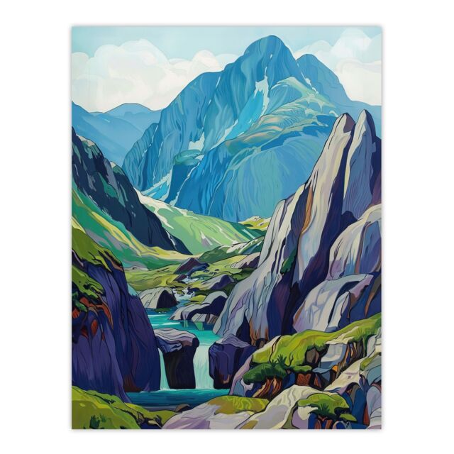 "Artery8 Snowdonia National Park Wales Landscape Painting Wall Art Print in Blue - Size: W24"" x H32""" - image 1