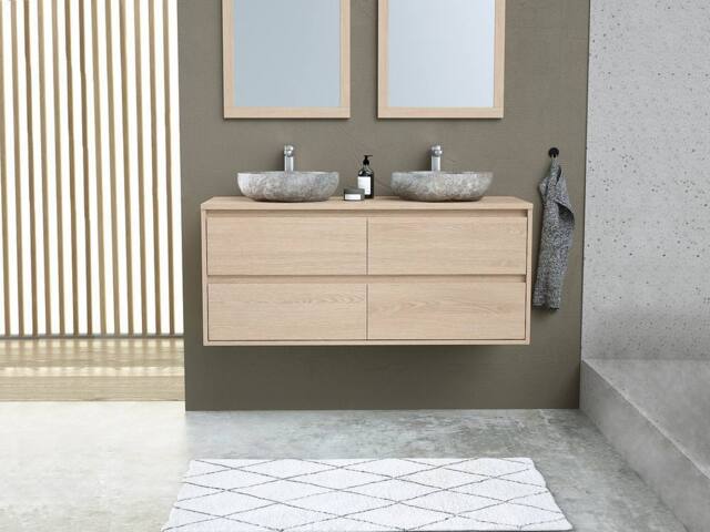 Vente-unique Wall-Hung Bathroom Unit With Double Stone Countertop Basin - Oak in Light Oak - image 1
