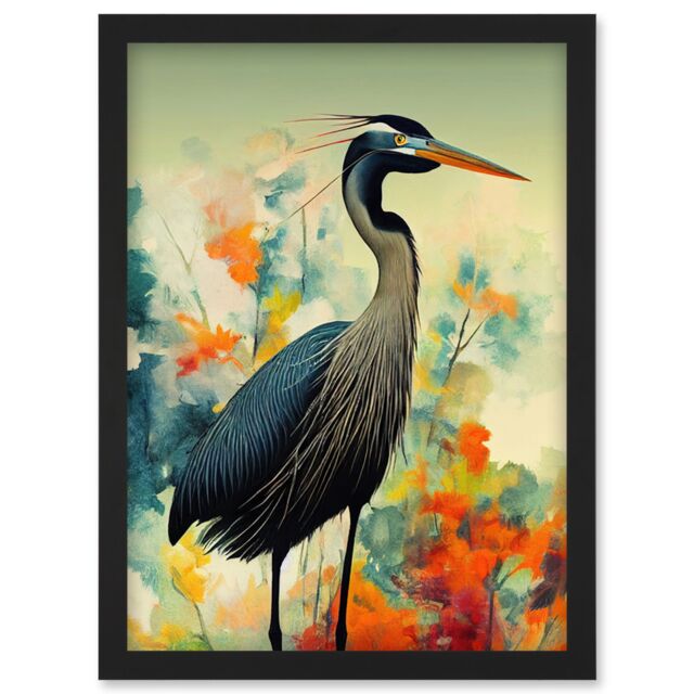 Artery8 Heron Bird in Abstract Flower Field Colourful Teal Orange Navy Illustration Artwork Framed Wall Art Print A4 in Black - image 1