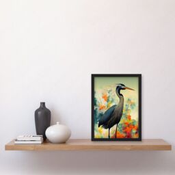 Artery8 Heron Bird in Abstract Flower Field Colourful Teal Orange Navy Illustration Artwork Framed Wall Art Print A4 in Black - thumbnail 2