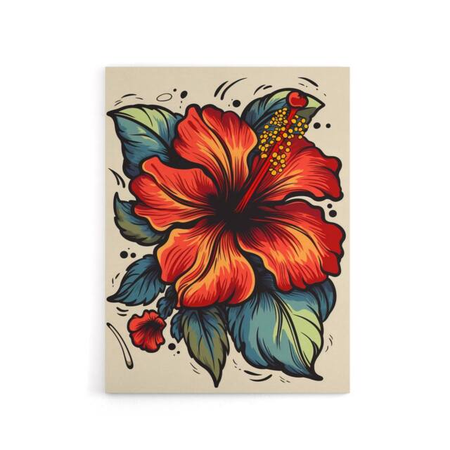 "Artery8 Hibiscus Old School USA Tattoo Design Canvas Wall Art Print in Red - Size: W18"" x H24""" - image 1