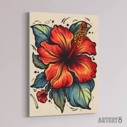 "Artery8 Hibiscus Old School USA Tattoo Design Canvas Wall Art Print in Red - Size: W18"" x H24""" - thumbnail 2